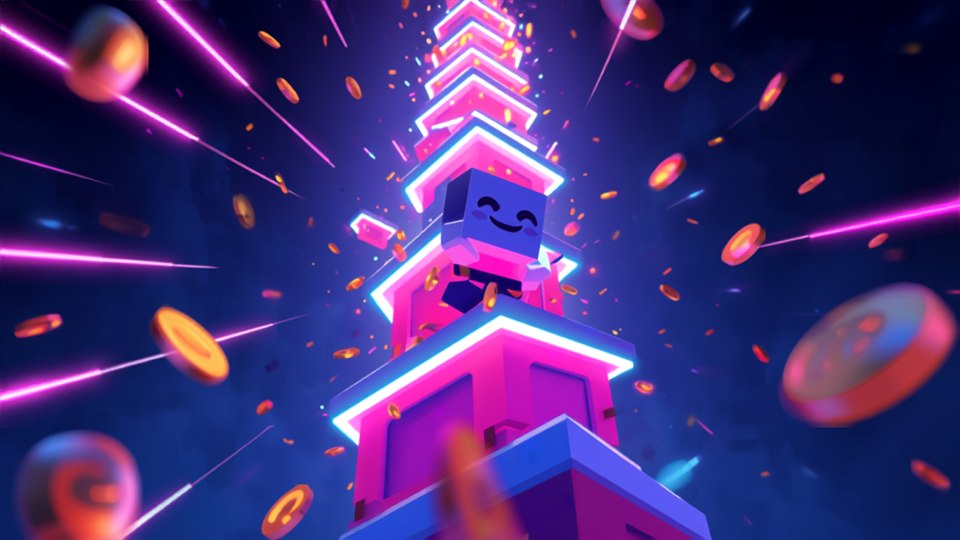 Floor it! — un personnage cubique grimpe une tour néon